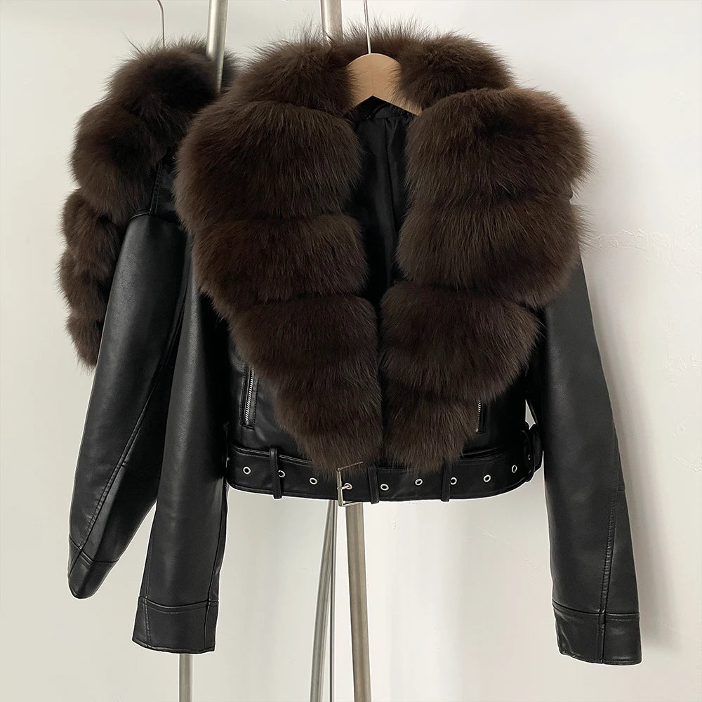 Elegant Faux Leather Jacket Female New Natural Fox Fur Autumn Short Top Clothing PU Women Long Sleeve Fake Leather Real Fur Coat