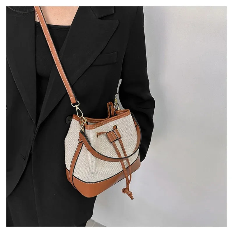 Canvas Bucket Bag Luxury Designer Handbags Women PU Shoulder Bag Fashion Crossbody Daily Commuting Tote Bag