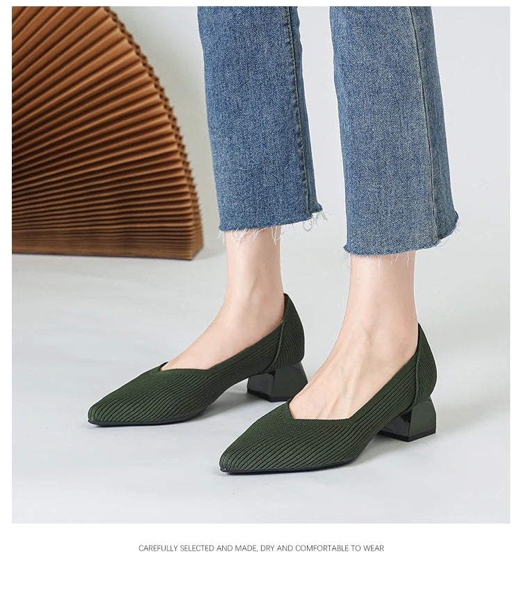 2026 New Women's High Heels Large 42/43 Fashion Pointed Anti slip Rubber Bottom Knitted Breathable Shoes