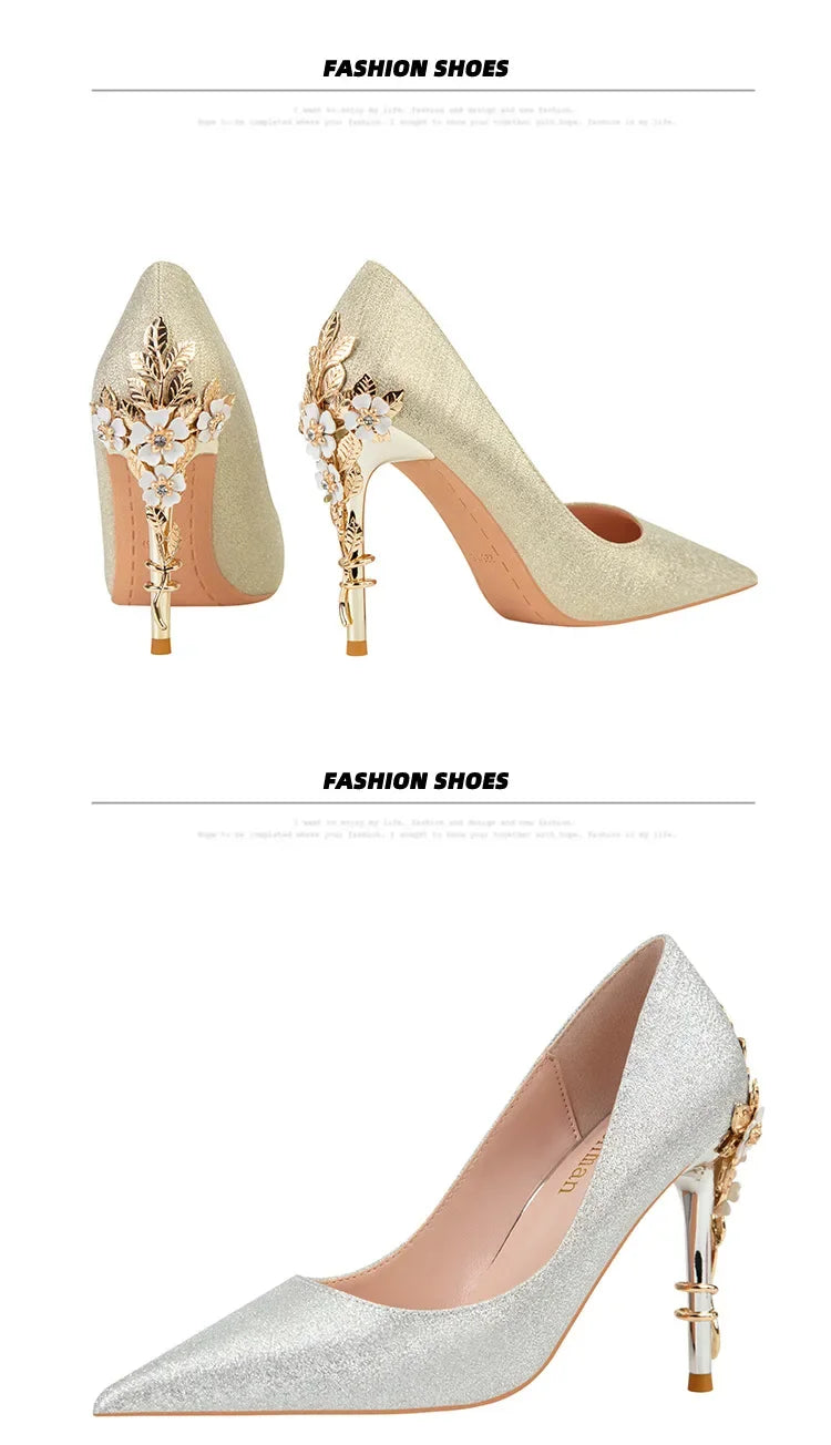 High End Metal Flower High Heels New European American Fashion Luxury Sexy Pointed Women's Shoes Banquet Party Casual Shoes