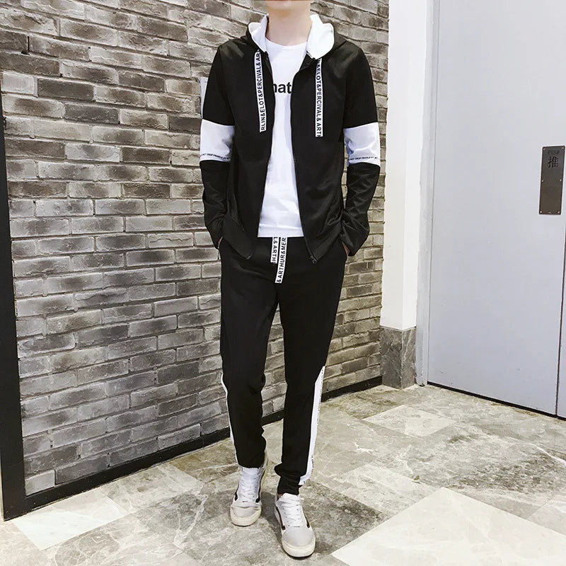 Autumn Unisex Korean Color Block Hooded Two Piece Tracksuit Letter Print Drawstring Hoodie Jogger Pants Loose Hip Hop Student Da