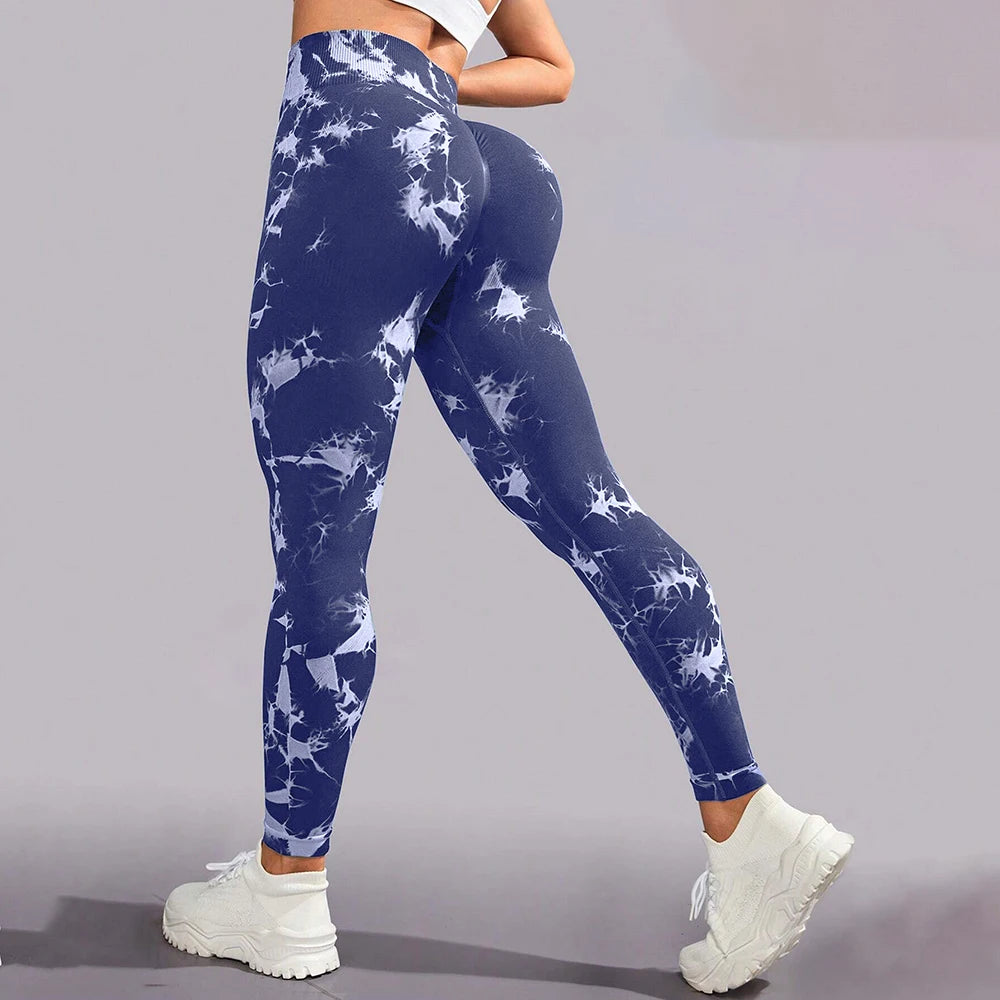 Women's High Waist Seamless Yoga Pants, Tie Dye Print Peach Shaped Butt Lifting Leggings for Running Fitness Workout