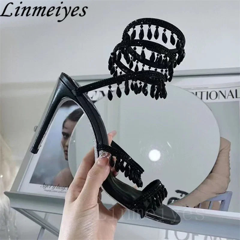 Summer High Heels Sandals Women Rhinestone String Bead Ankle Snake Twine Around Wedding Shoes Lady Gladiator Sandals Woman