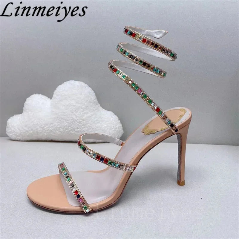 Summer High Heels Sandals Women Rhinestone String Bead Ankle Snake Twine Around Wedding Shoes Lady Gladiator Sandals Woman