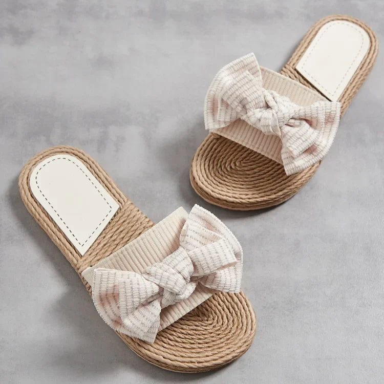 Female Summer Slippers Artificial Straw Sole Shoes Lady Summer Indoor Flat with Flip Flops Stitching Floral Women Slippers