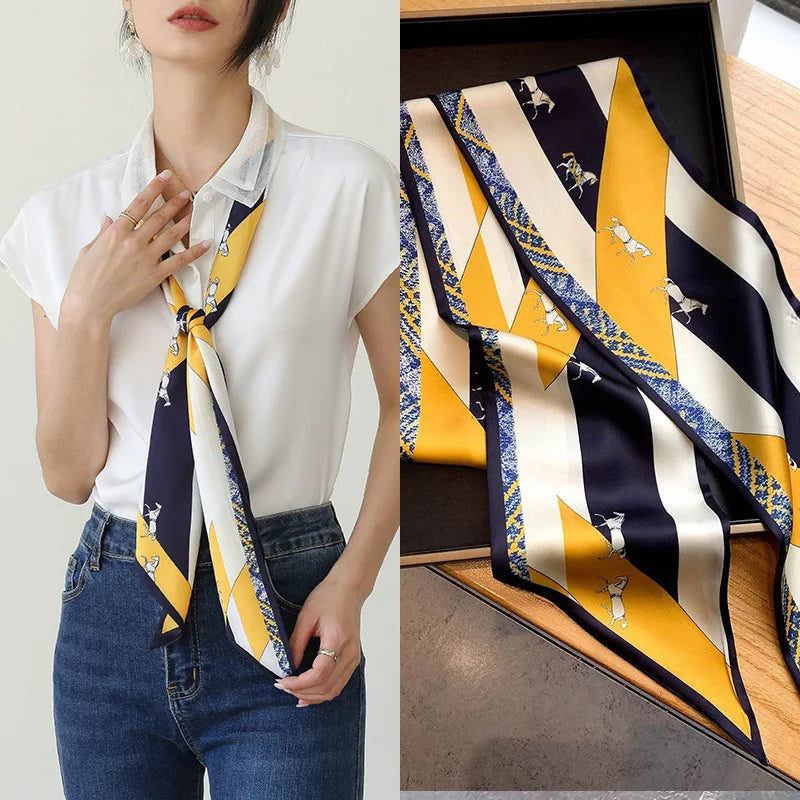 Fashion Blue Print Silk Scarf Women Soft Satin Horse Hairband Bevel Neckerchief Office Hijab Headband Foulard Bag Ribbons Gift