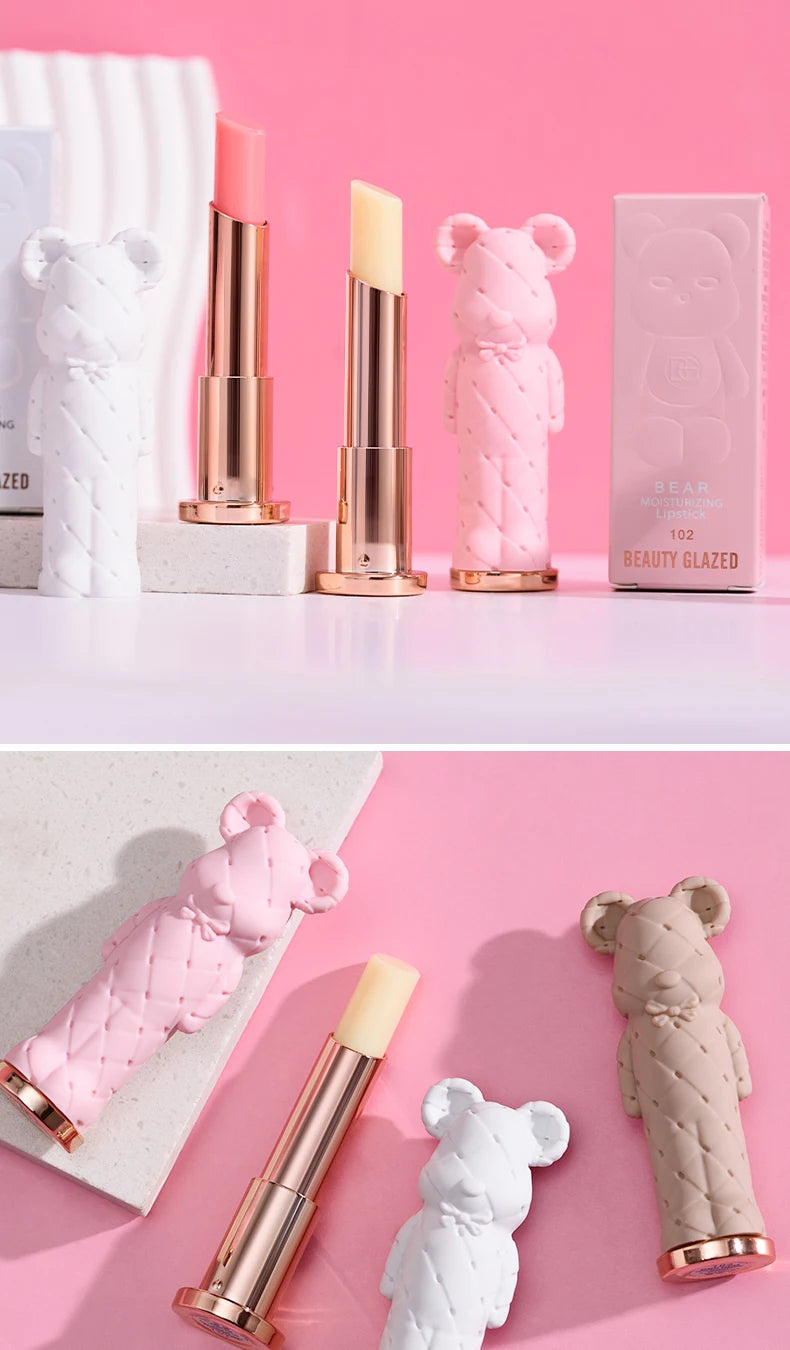 BEAUTY GLAZED Pink Bear Long Lasting Moisturizing Waterproof Natural Lip Balm Natural Formula Repairs Dry Lips Makeup