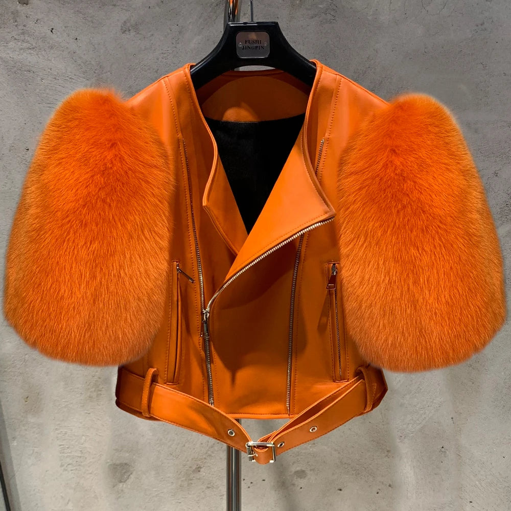 Leather Fur Jacket Natural Fur Sleeve Ladies Short Leather Jacket Real Fox Fur Sleeve Coat Women Autumn 21001-1