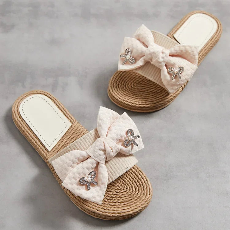 Female Summer Slippers Artificial Straw Sole Shoes Lady Summer Indoor Flat with Flip Flops Stitching Floral Women Slippers