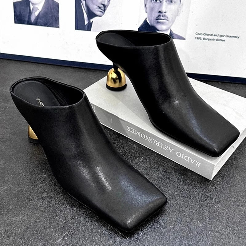 White Sheepskin Square Head Women's Slipper Baotou Textured Elegant Commuter Casual Simple Sense of Classic Wine Glass Heels New