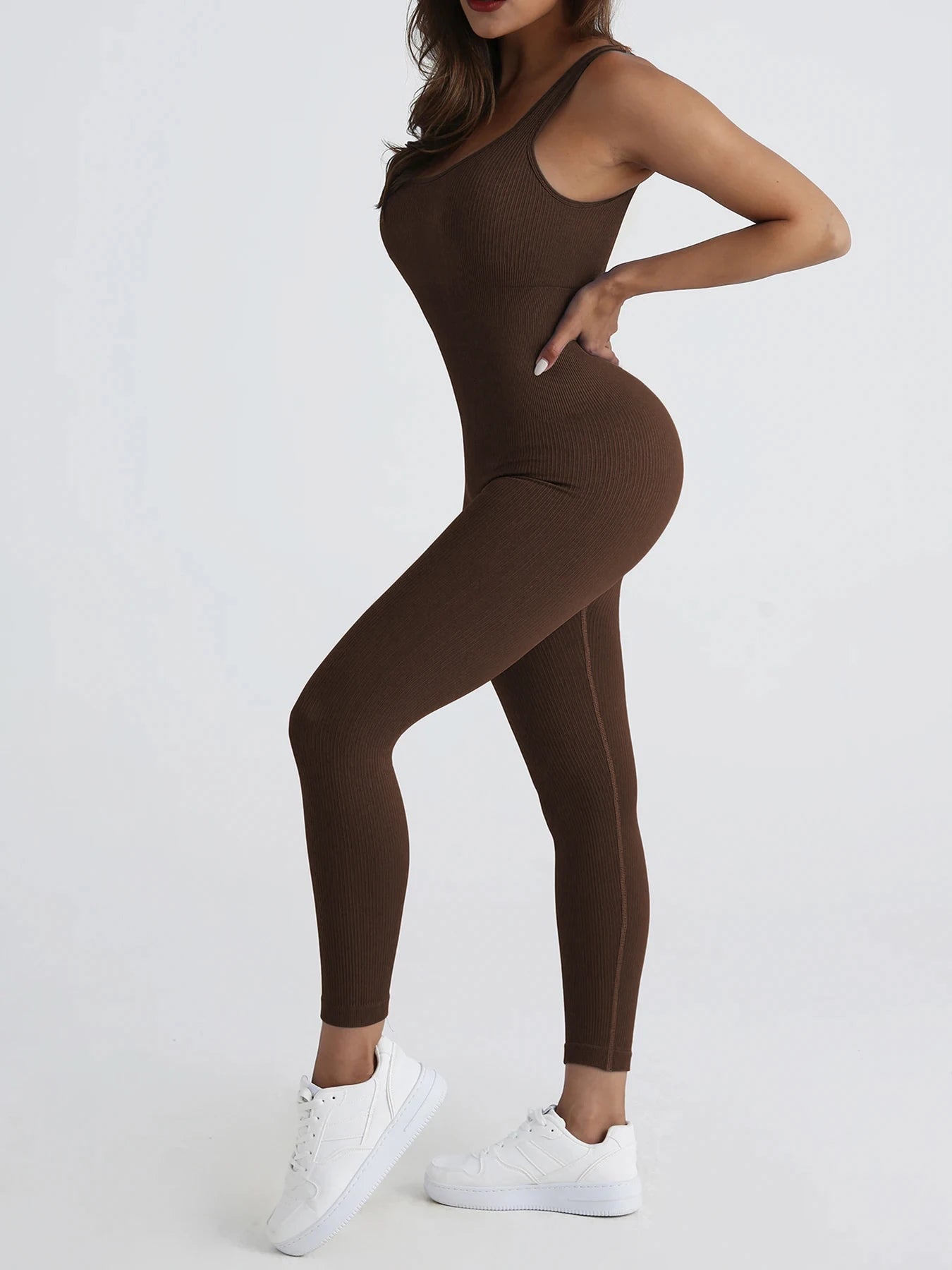 CZGUKE Women's seamless one-piece sportswear yoga ribbed slim-fitting one-piece square-neck base pants long pants fitness wear