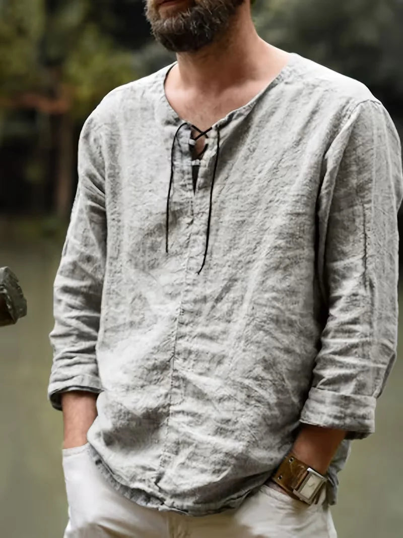 Men's Medieval Pirate Shirt - Historical Renaissance Faire Costume with V-Neck, Lace-Up Collar & Adjustable Drawstring Waist - L