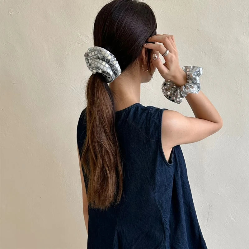 y2k Scrunchies Metal Silver Grid Medium Size Hair Tie Sweet Simple Elastic Hair Band Women Hair Accessories Daily Headwear
