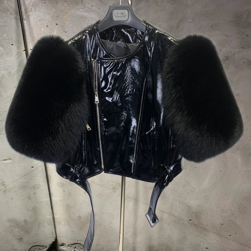 Leather Fur Jacket Natural Fur Sleeve Ladies Short Leather Jacket Real Fox Fur Sleeve Coat Women Autumn 21001-1