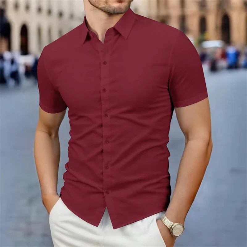 2025 New Men's Business Casual Solid Color Short Sleeved Shirt for Summer Fashion No Ironing Comfortable and Versatile Top