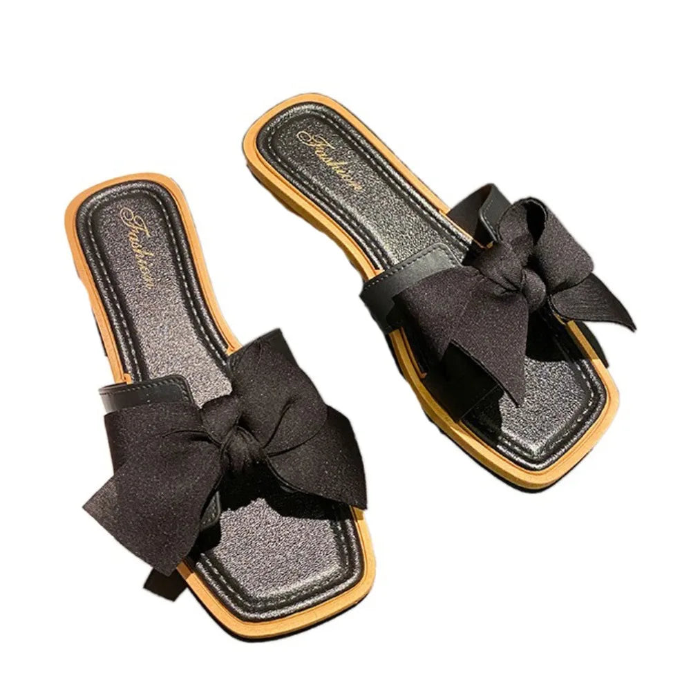 Casual Soft Sole Bowknot Slippers PVC Sweet Flat Slides Sandals Anti Slip Beachwear Slippers Women Summer