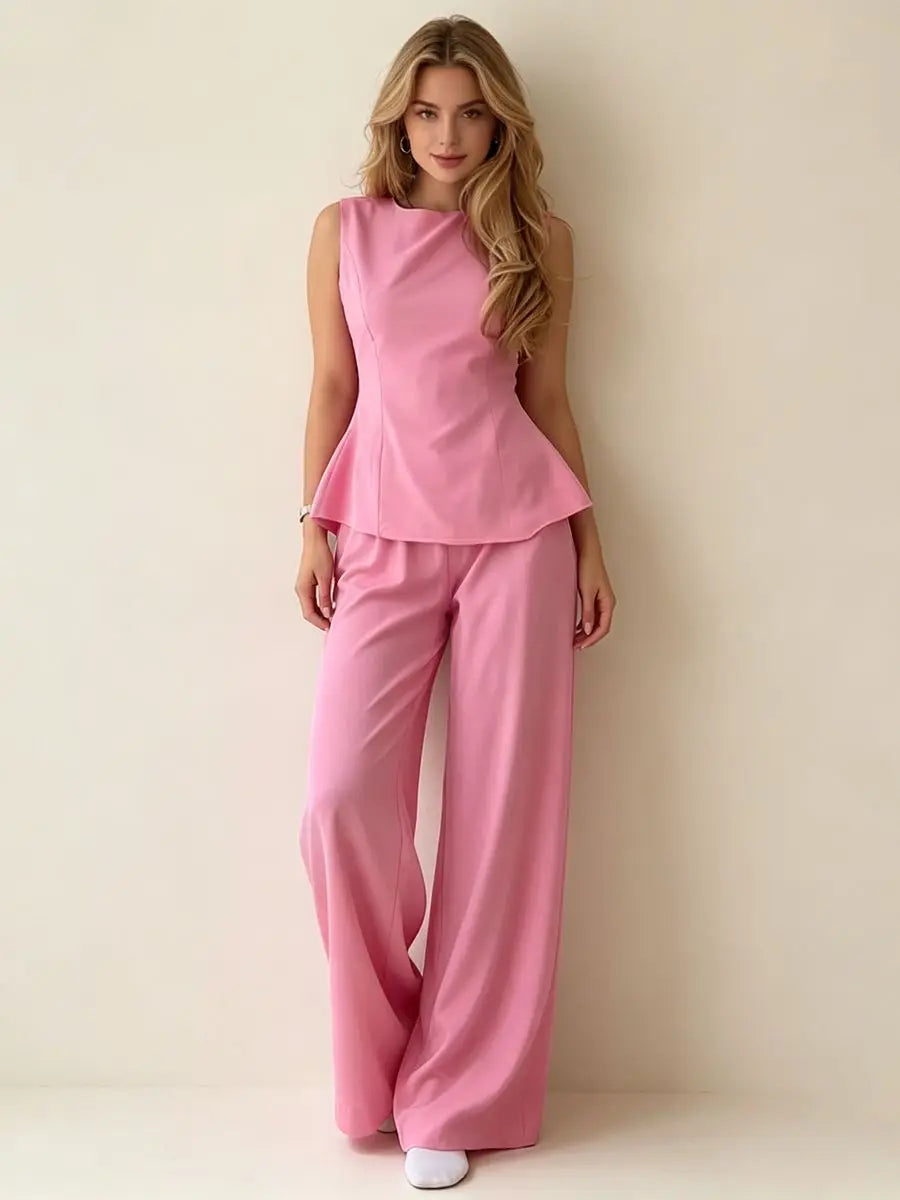 2026 Women Elegant Back Tie Sleeveless Peplum Top + Wide Leg Pants 2 Piece Casual Set
