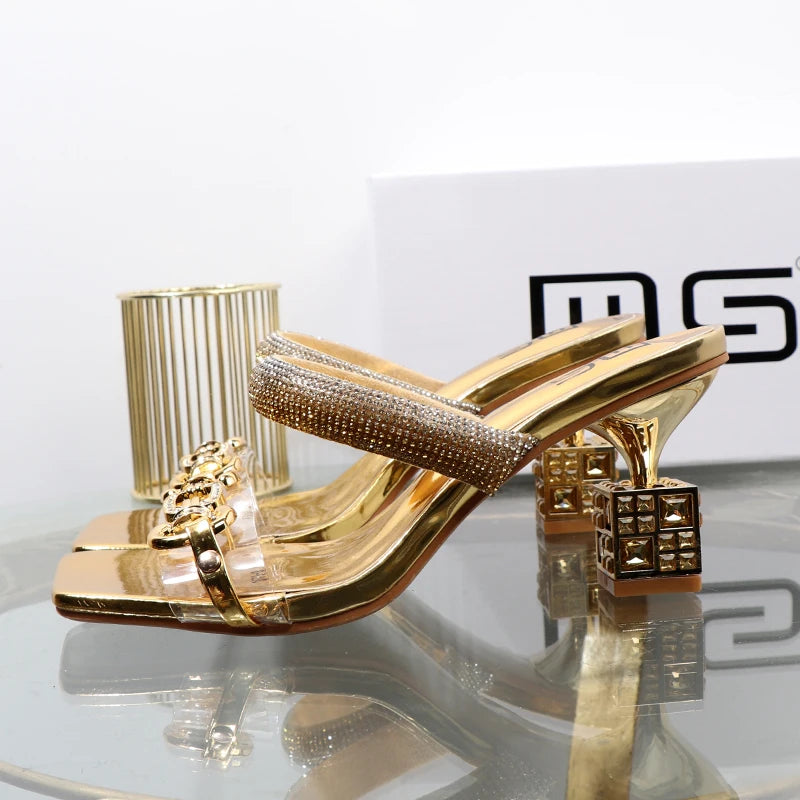 Women's slippers 2026 summer fashion Transparent belt metal decoration box shaped square Alien heel high heels wearing sandals