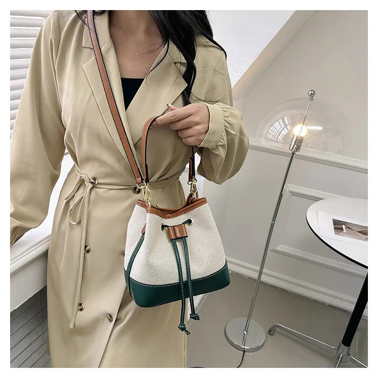 Canvas Bucket Bag Luxury Designer Handbags Women PU Shoulder Bag Fashion Crossbody Daily Commuting Tote Bag
