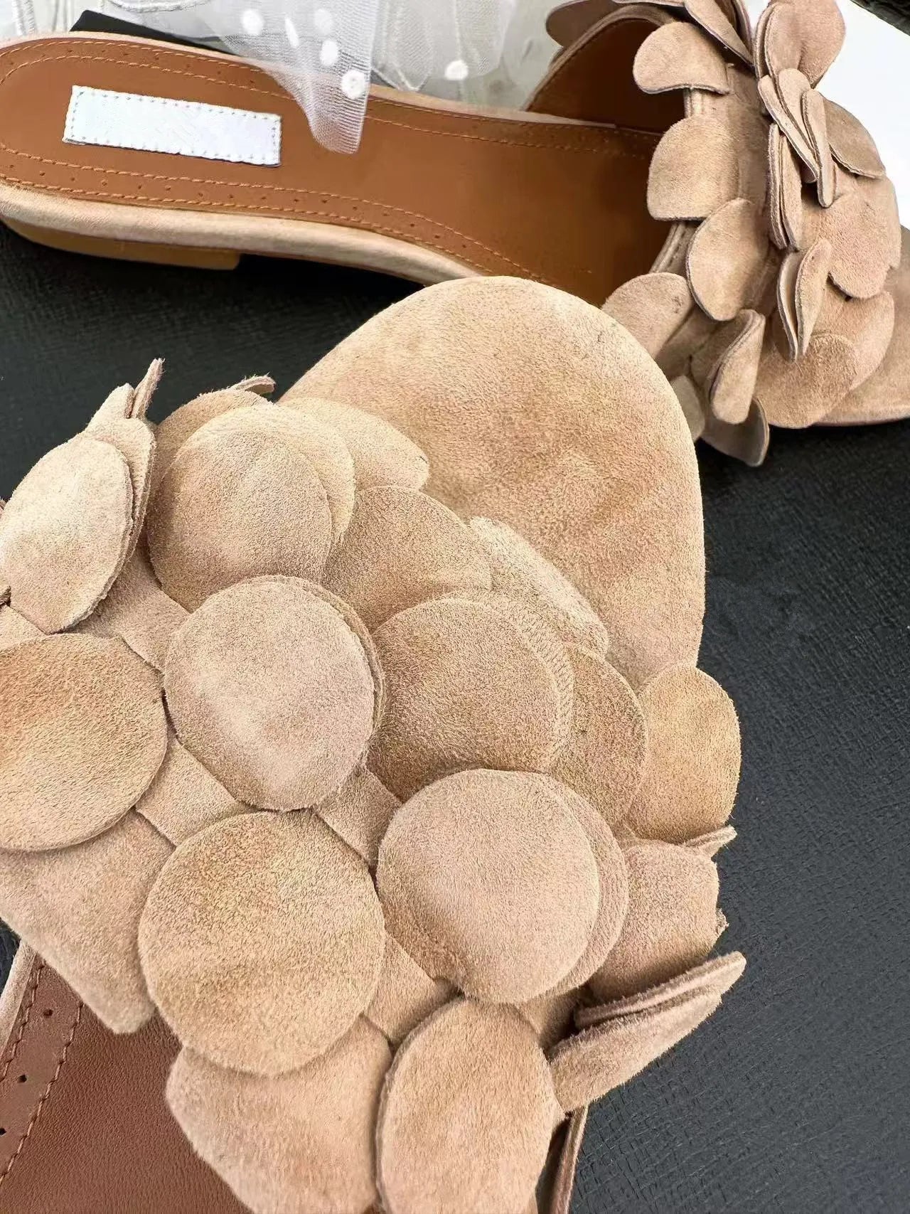 Flower Genuine Leather Flat Bottom Cool Slippers for Women's Casual Versatile One line Dragging Style Vacation Outerwear Beach S