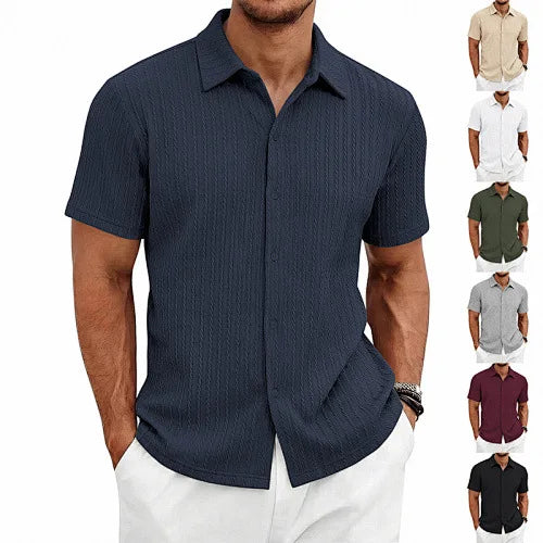 European and American Men's Casual Jacquard Shirt Men's Summer Solid Color Lapel Breathable Men's Short-Sleeved Shirt Top
