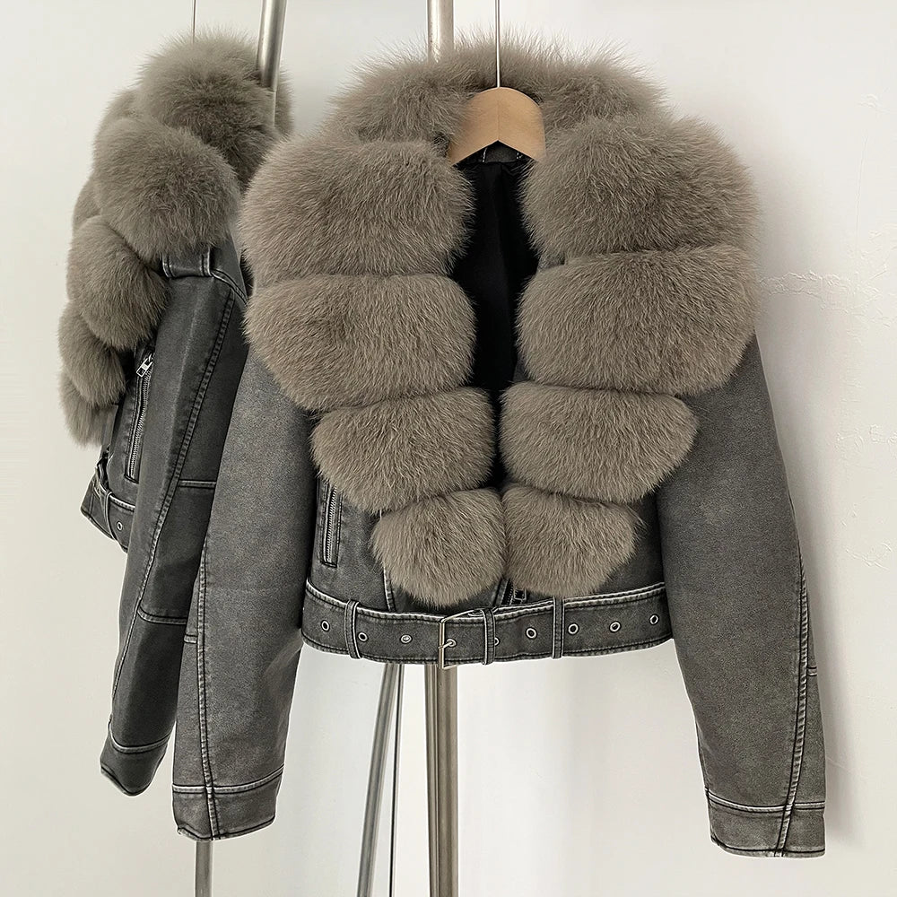 Elegant Faux Leather Jacket Female New Natural Fox Fur Autumn Short Top Clothing PU Women Long Sleeve Fake Leather Real Fur Coat