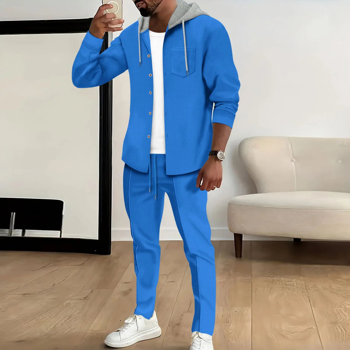 Spring and Autumn New Waffle Men's Casual Slim-Fit Hooded Long-Sleeved Cardigan Matching Color Fashion High Quality Tracksuit Pa