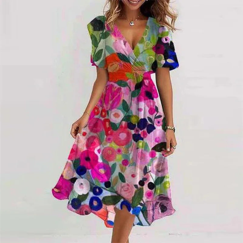 Elegant Floral Print Boho Party Dress Summer V Neck Short Sleeve Knee Length Vestidos BKLFZ-1616