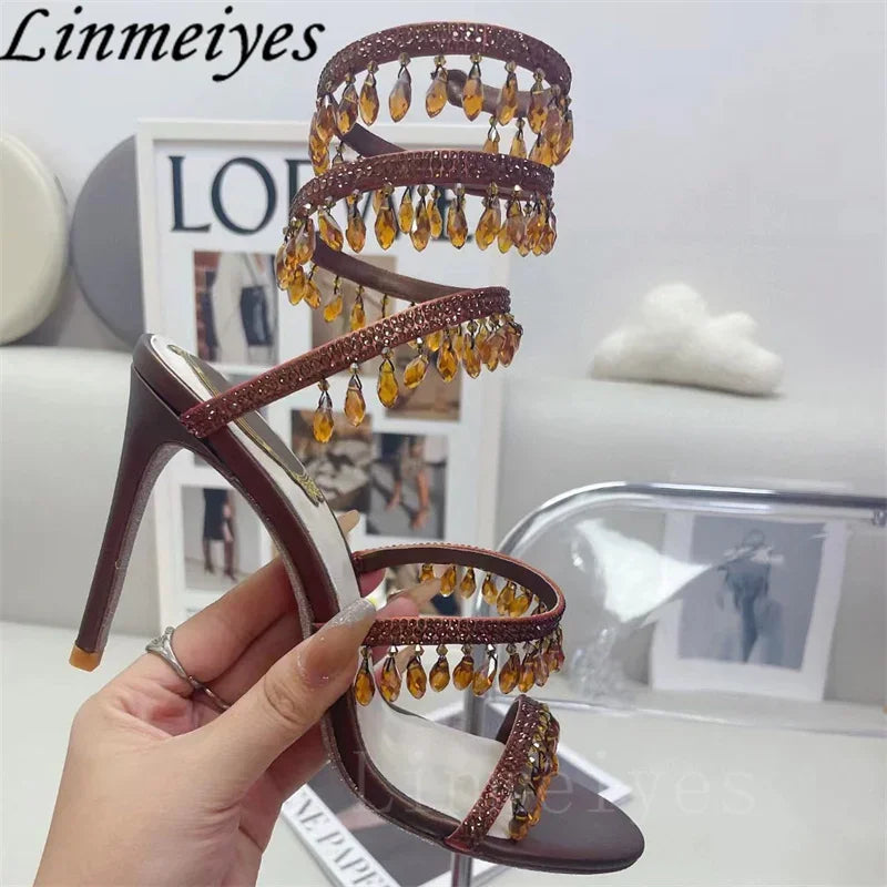 Summer High Heels Sandals Women Rhinestone String Bead Ankle Snake Twine Around Wedding Shoes Lady Gladiator Sandals Woman