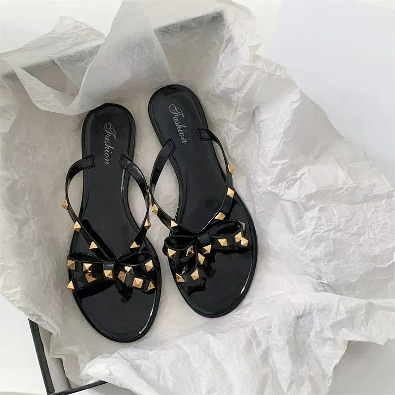 Summer Women Slippers Bow Flip Flops Rivet Flats Sandals Outdoor Transparent Crystal Beach Shoes Female Open Toe Shoes