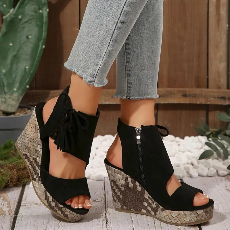 Bohemia Tassel Decoration Side Zip Sandals Women 2026 Summer Chunky Platform Wedge Heel Sandals Sexy Super High Heel Beach Shoes