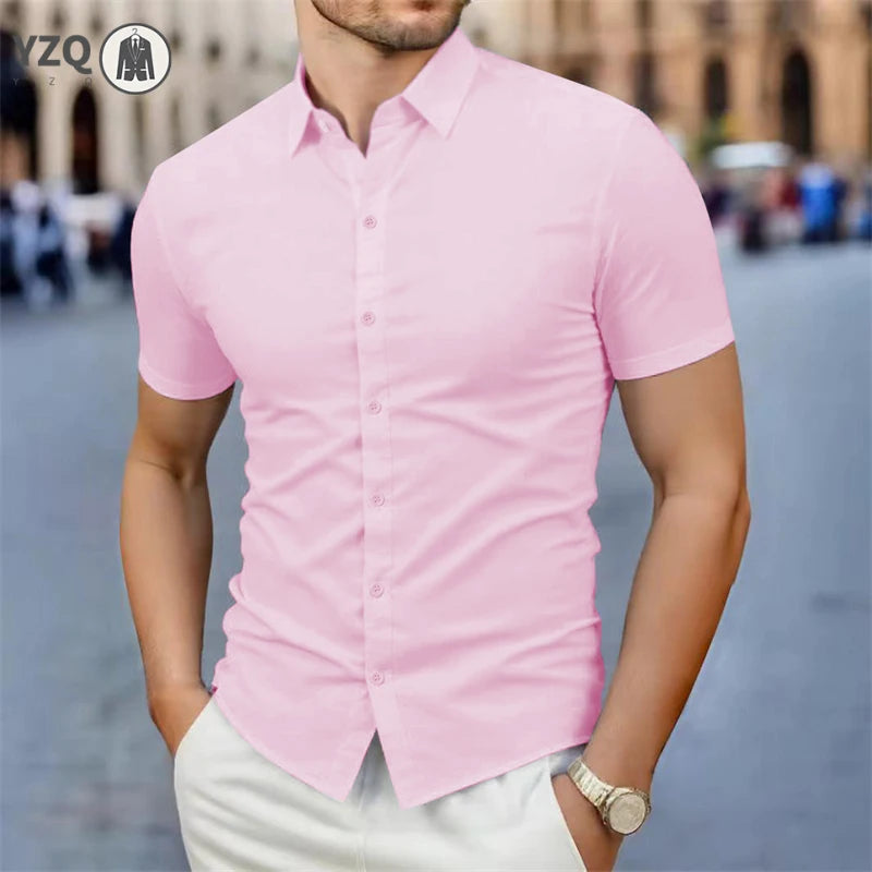 2025 New Men's Business Casual Solid Color Short Sleeved Shirt for Summer Fashion No Ironing Comfortable and Versatile Top