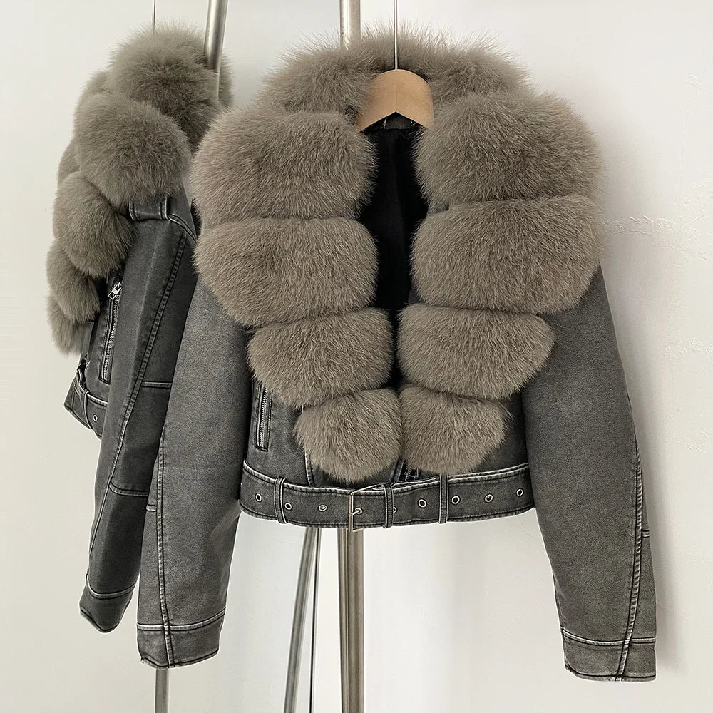 Fake Leather Coat New Natural Fox Fur Autumn Short Faux Leather Jacket Female Spring PU Women Long Sleeve Real Fur Coat Thin