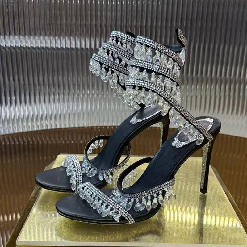 Summer High Heels Sandals Women Rhinestone String Bead Ankle Snake Twine Around Wedding Shoes Lady Gladiator Sandals Woman