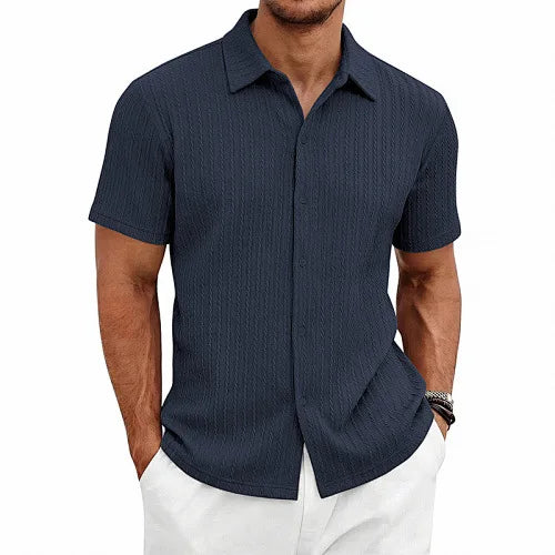 European and American Men's Casual Jacquard Shirt Men's Summer Solid Color Lapel Breathable Men's Short-Sleeved Shirt Top