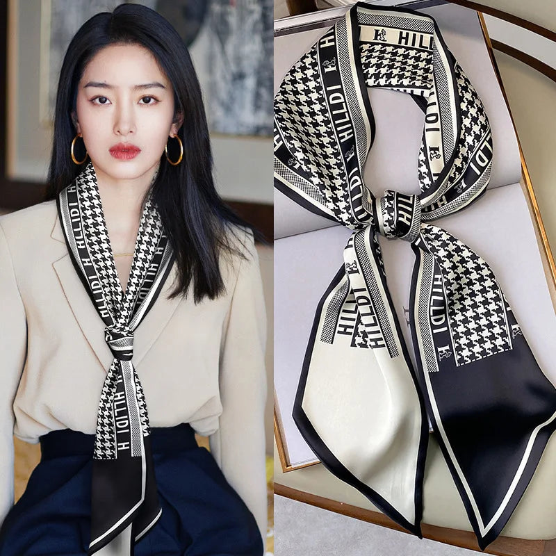 Fashion Blue Print Silk Scarf Women Soft Satin Horse Hairband Bevel Neckerchief Office Hijab Headband Foulard Bag Ribbons Gift