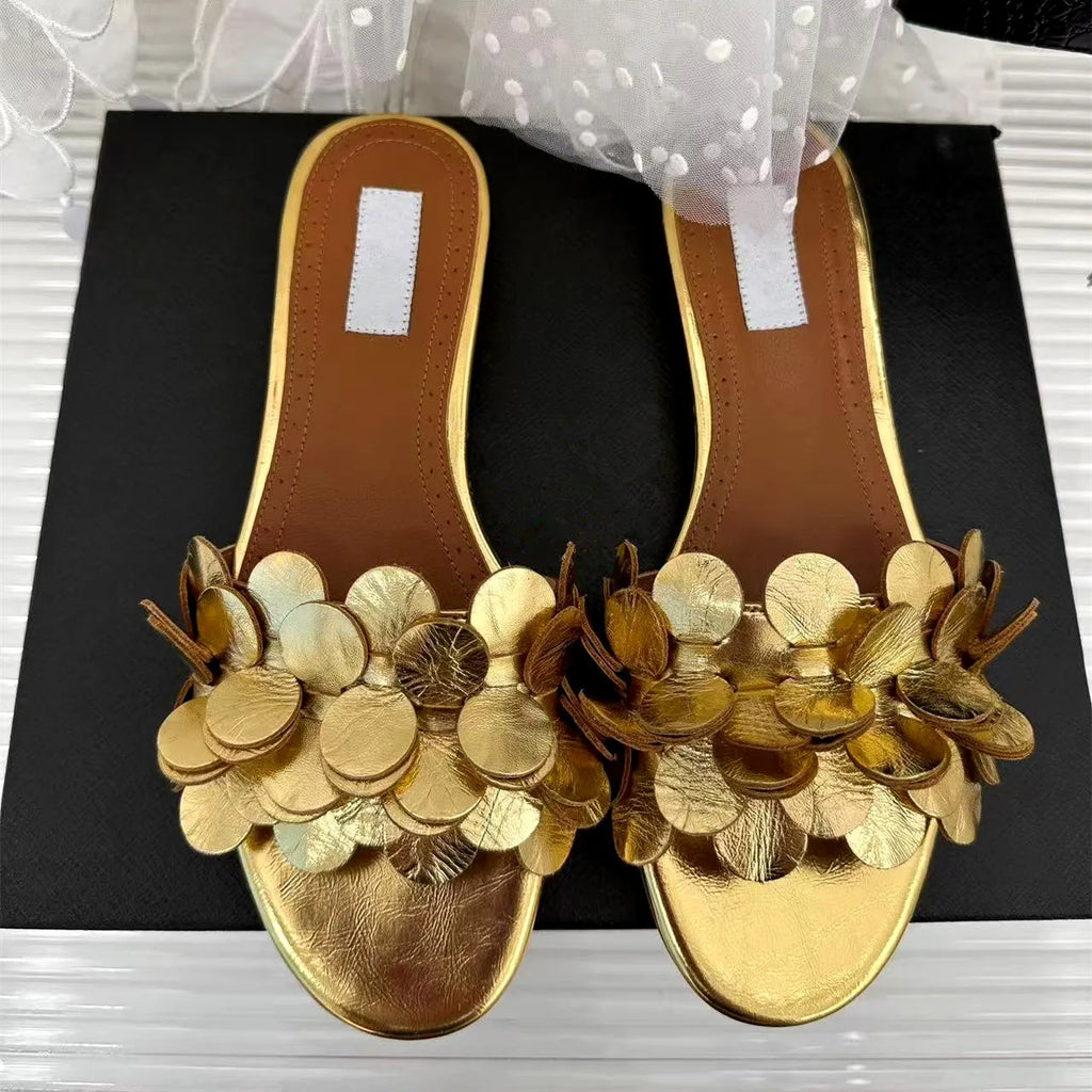 Flower Genuine Leather Flat Bottom Cool Slippers for Women's Casual Versatile One line Dragging Style Vacation Outerwear Beach S