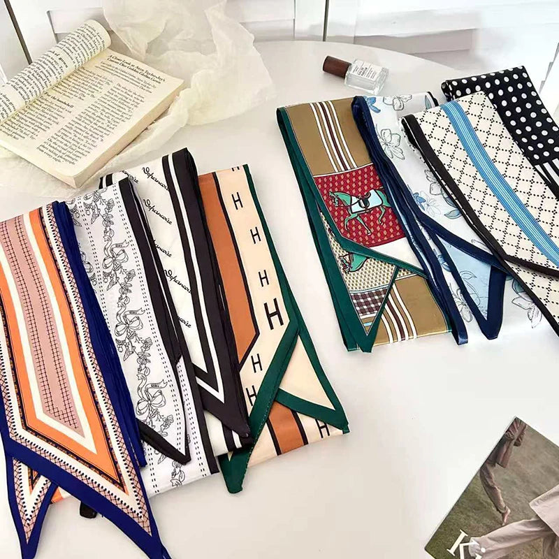 Luxury Brand Model Striped Printing Bag Handbag Handle Ribbon Scarf Small Silk Scarf Women Hair Band Neck Scarves Neckerchief