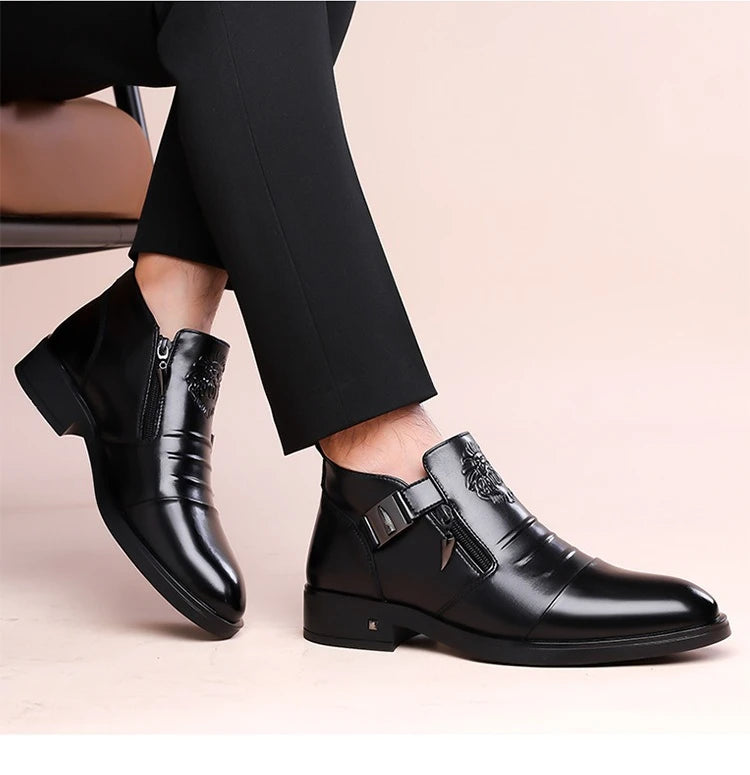 Men's Pointed Toe Dress Shoes Double Side Zippers Business Casual Low Top Boots Comfortable Formal Leather Shoes for Work Office
