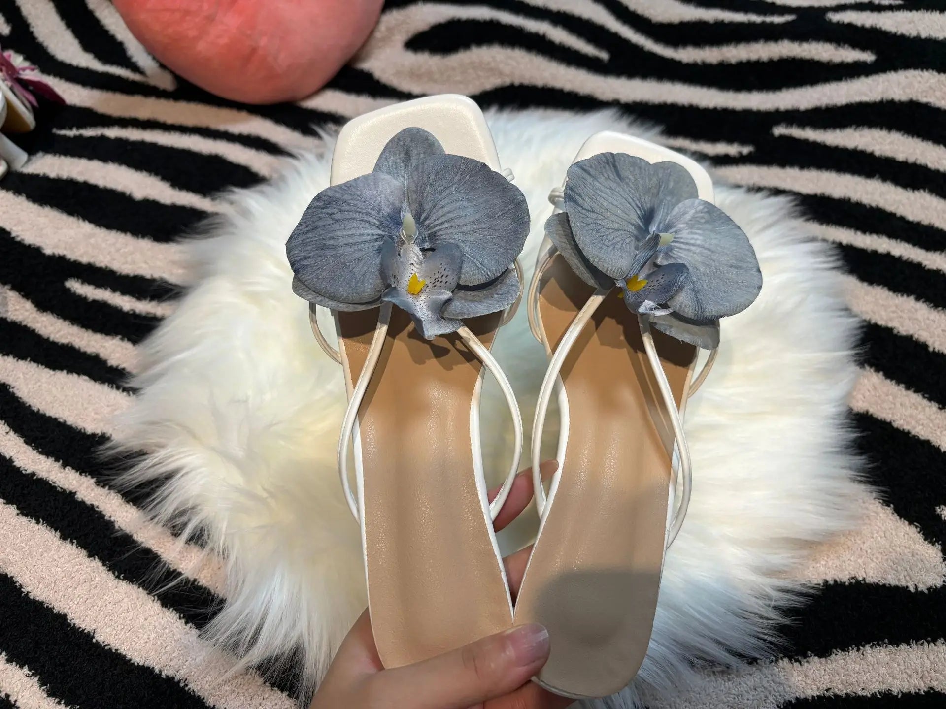Orchid Flower Summer New High Heeled Women White Pink Blue Purple Floral Heels Square Toe Prom Slipper Slingback Shoes for Women