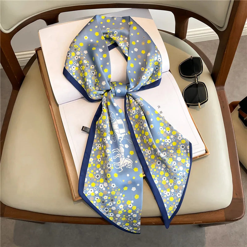 Horse carriage houndstooth decorated summer lightweight scarf fashionable long neckerchief women versatile slim bias-cut ribbon