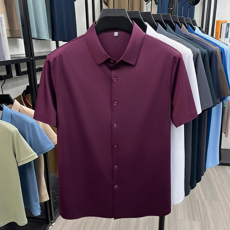 Mens Summer Business Short Sleeved Shirt Seamless Construction High Stretch Easy Care for AllDay Comfort