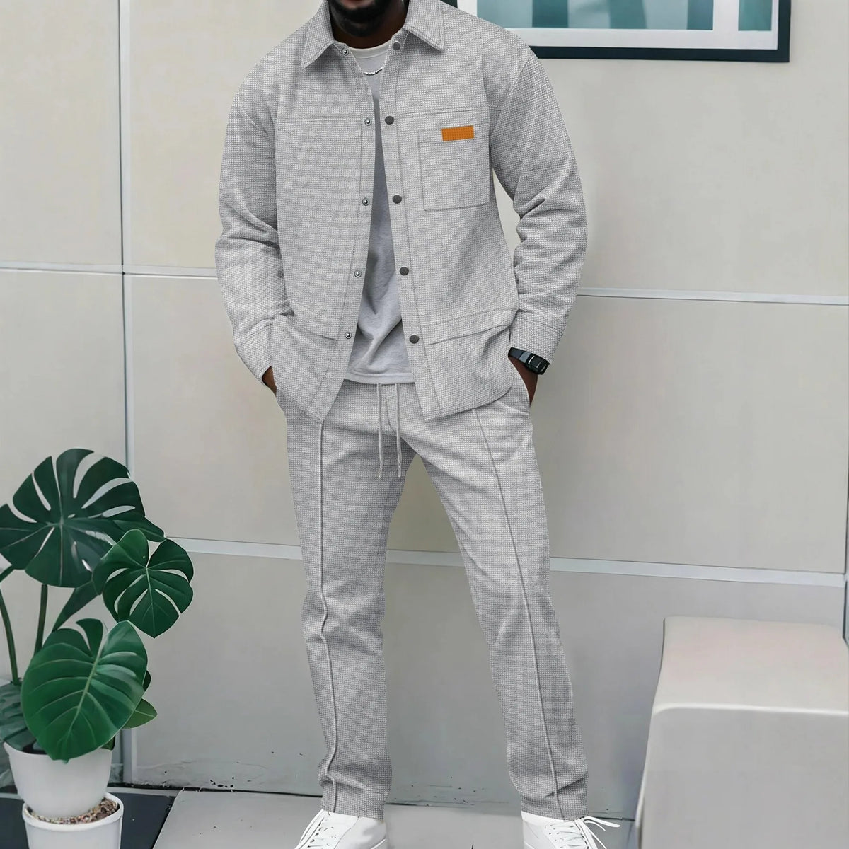 Men's Waffle Knit 2-Piece Tracksuit Button Down Jacket & Drawstring Pants Set Casual Streetwear Outfit with Chest Patch