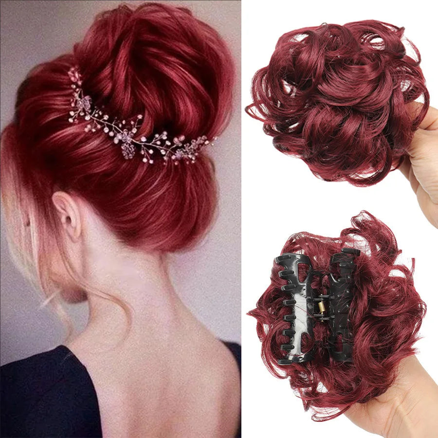 Synthetic messy hair clip bun short curly hair clip in a woman's ponytail hair extension bun wig