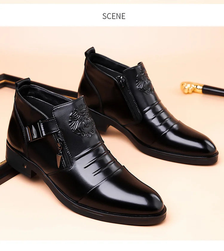 Men's Pointed Toe Dress Shoes Double Side Zippers Business Casual Low Top Boots Comfortable Formal Leather Shoes for Work Office