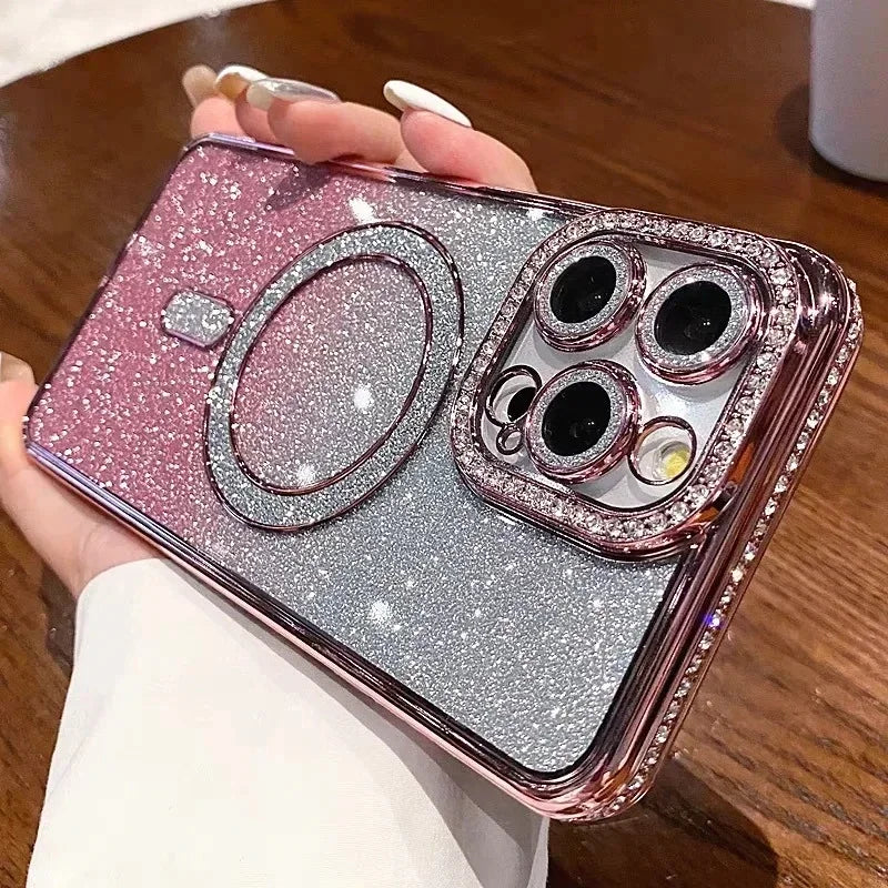 Plating Glitter Diamond Rhinestone Magnetic Wireless Charging Case for IPhone 17 Air 16 15 14 13 12 Pro Max Soft Silicone Cover