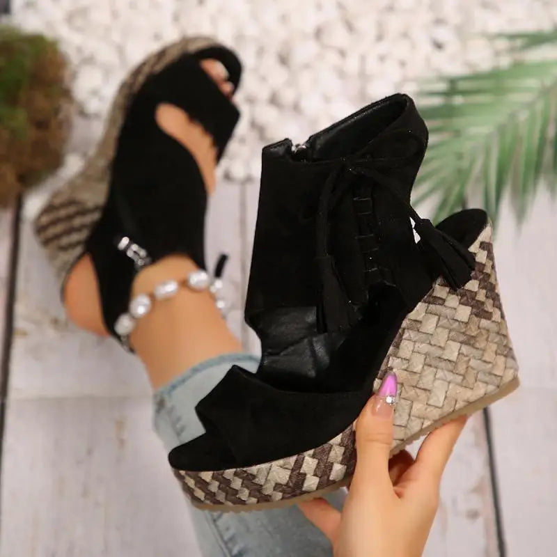 Bohemia Tassel Decoration Side Zip Sandals Women 2026 Summer Chunky Platform Wedge Heel Sandals Sexy Super High Heel Beach Shoes