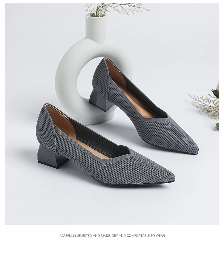 2026 New Women's High Heels Large 42/43 Fashion Pointed Anti slip Rubber Bottom Knitted Breathable Shoes