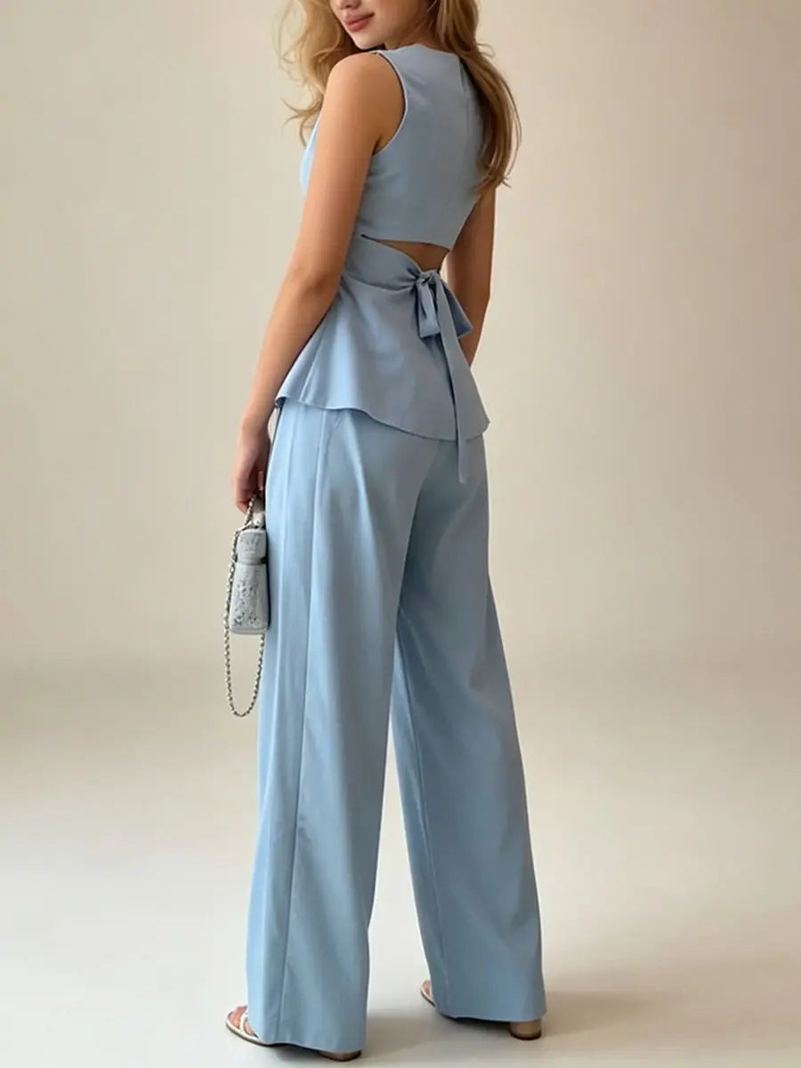 2026 Women Elegant Back Tie Sleeveless Peplum Top + Wide Leg Pants 2 Piece Casual Set