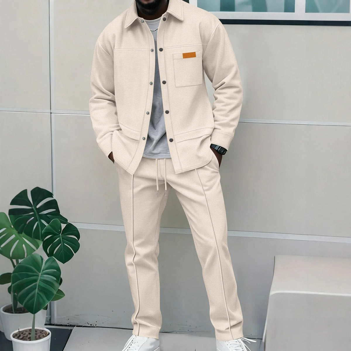 Men's Waffle Knit 2-Piece Tracksuit Button Down Jacket & Drawstring Pants Set Casual Streetwear Outfit with Chest Patch
